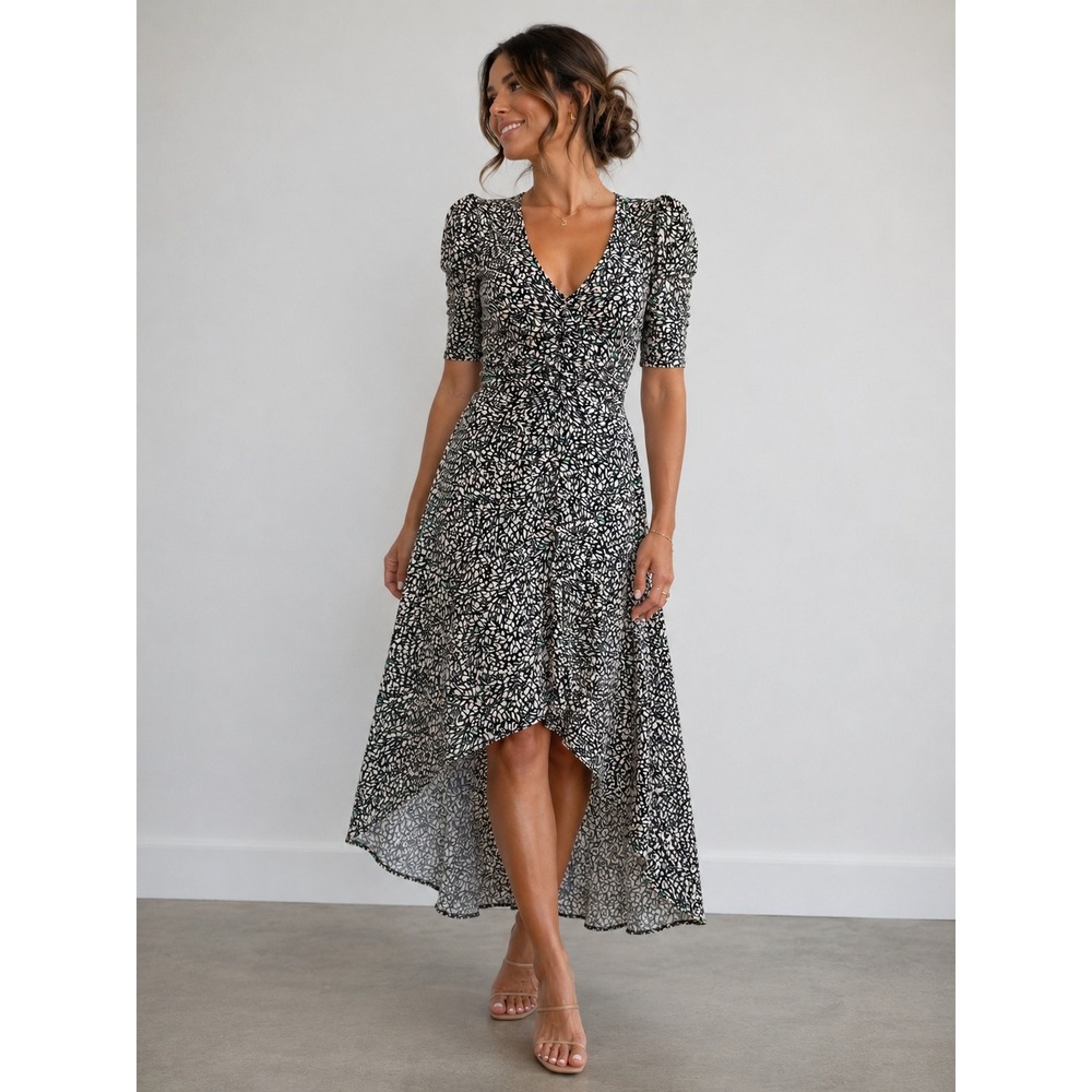 Floral Puff Sleeve Rushed High Low Midi Maxi Dress XS Cottage Romantic Prairie